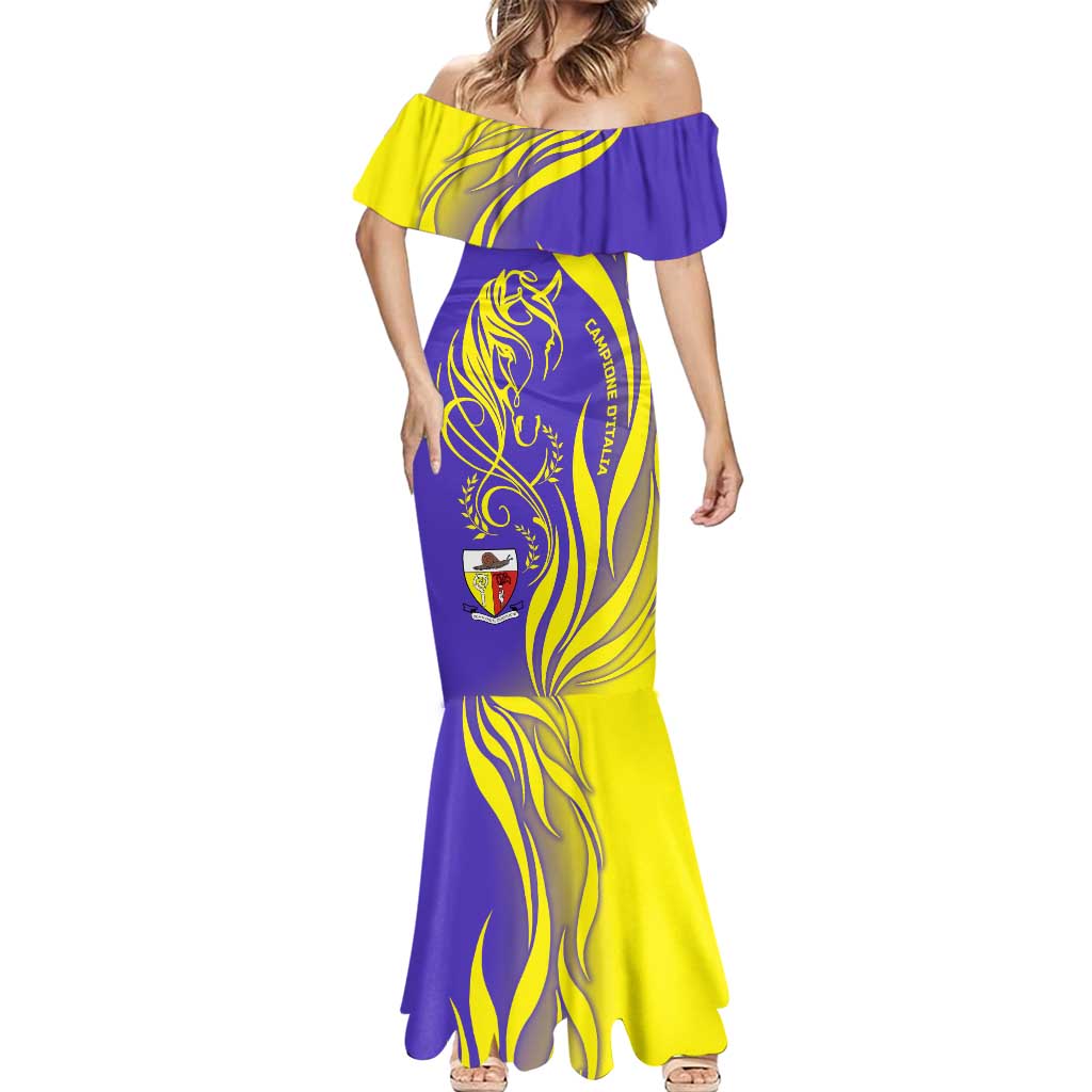 Campione d’Italia Mermaid Dress with Yellow Horse Graphic and Purple Flame Crest - Wonder Print Shop