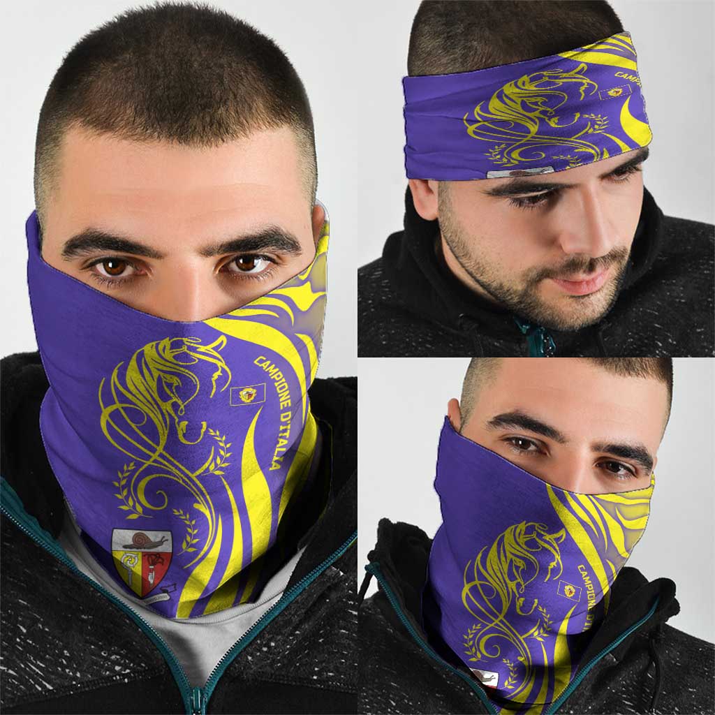 Campione d’Italia Neck Gaiter with Yellow Horse Graphic and Purple Flame Crest - Wonder Print Shop
