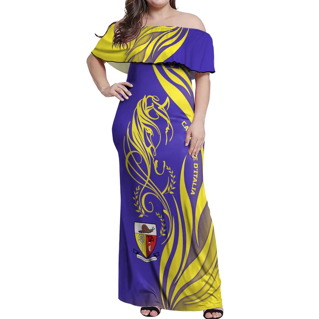 Campione d’Italia Off Shoulder Maxi Dress with Yellow Horse Graphic and Purple Flame Crest - Wonder Print Shop