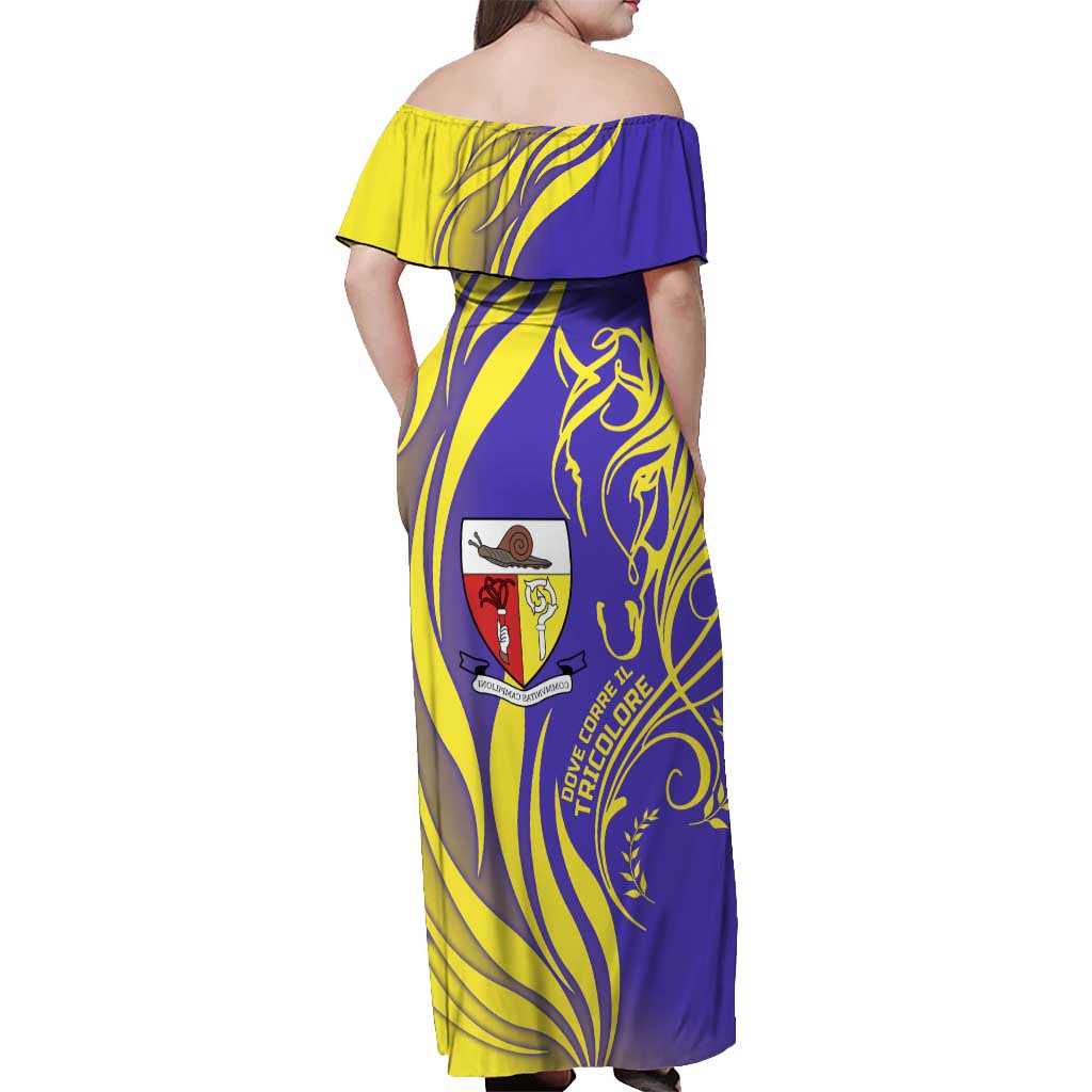Campione d’Italia Off Shoulder Maxi Dress with Yellow Horse Graphic and Purple Flame Crest - Wonder Print Shop