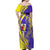 Campione d’Italia Off Shoulder Maxi Dress with Yellow Horse Graphic and Purple Flame Crest - Wonder Print Shop