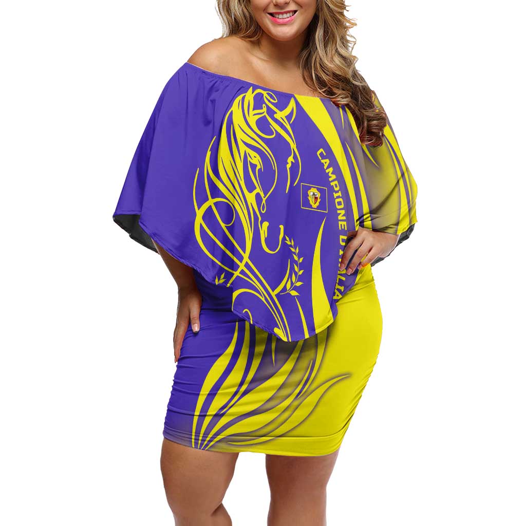 Campione d’Italia Off Shoulder Short Dress with Yellow Horse Graphic and Purple Flame Crest - Wonder Print Shop