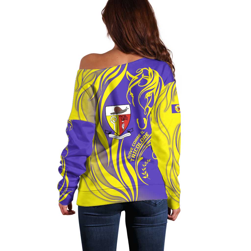 Campione d’Italia Off Shoulder Sweater with Yellow Horse Graphic and Purple Flame Crest - Wonder Print Shop