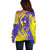 Campione d’Italia Off Shoulder Sweater with Yellow Horse Graphic and Purple Flame Crest - Wonder Print Shop