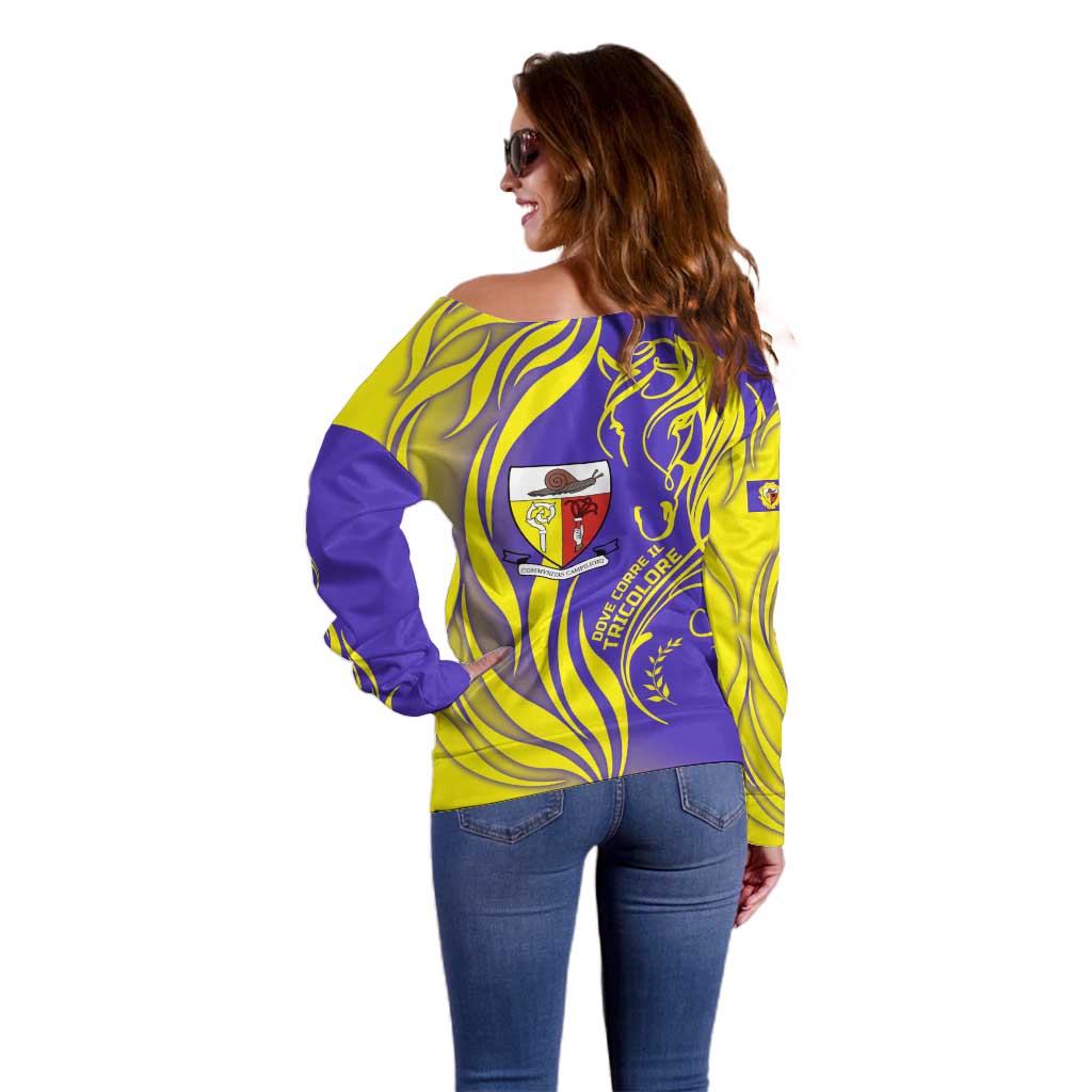 Campione d’Italia Off Shoulder Sweater with Yellow Horse Graphic and Purple Flame Crest - Wonder Print Shop