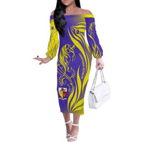 Campione d’Italia Off The Shoulder Long Sleeve Dress with Yellow Horse Graphic and Purple Flame Crest - Wonder Print Shop