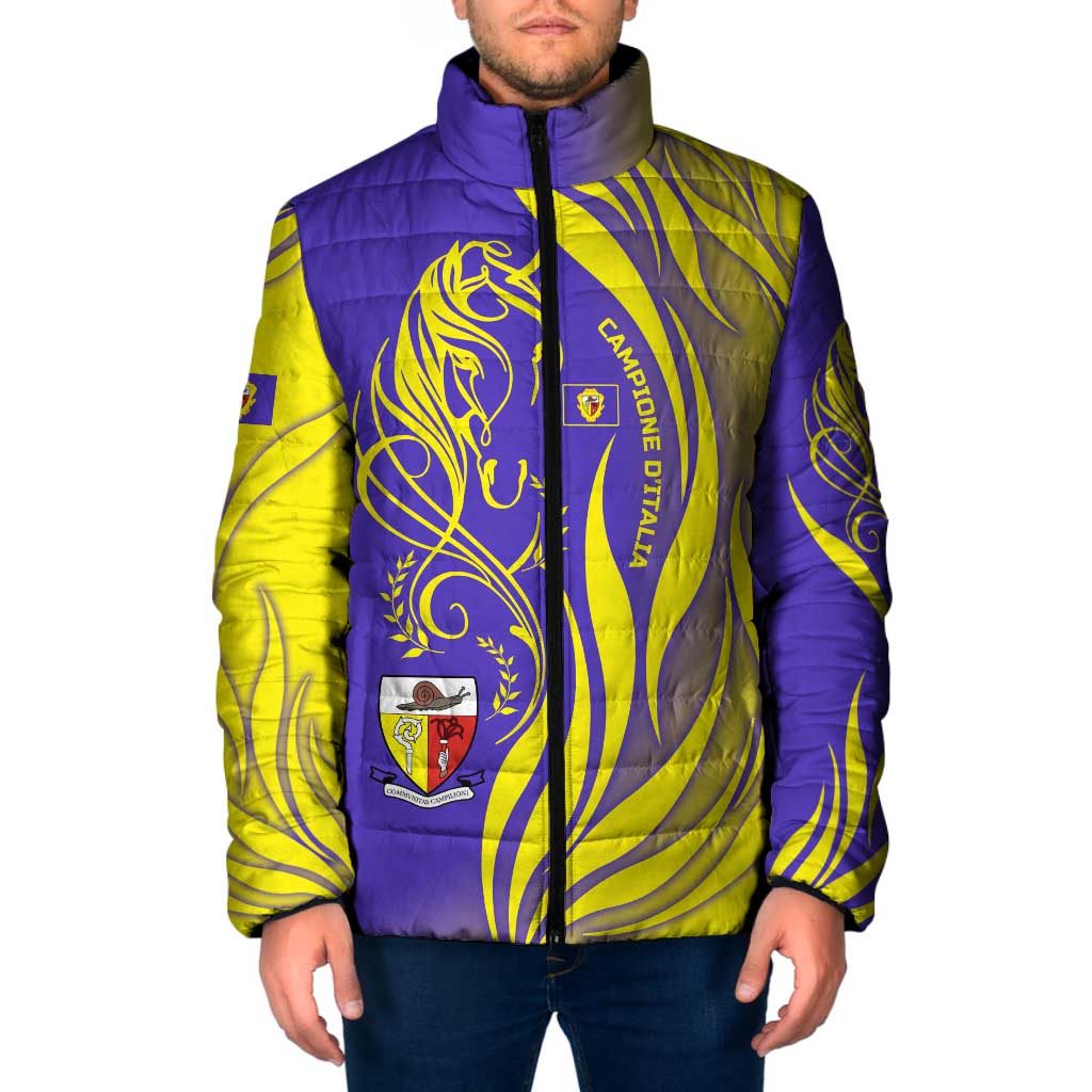 Campione d’Italia Padded Jacket with Yellow Horse Graphic and Purple Flame Crest - Wonder Print Shop