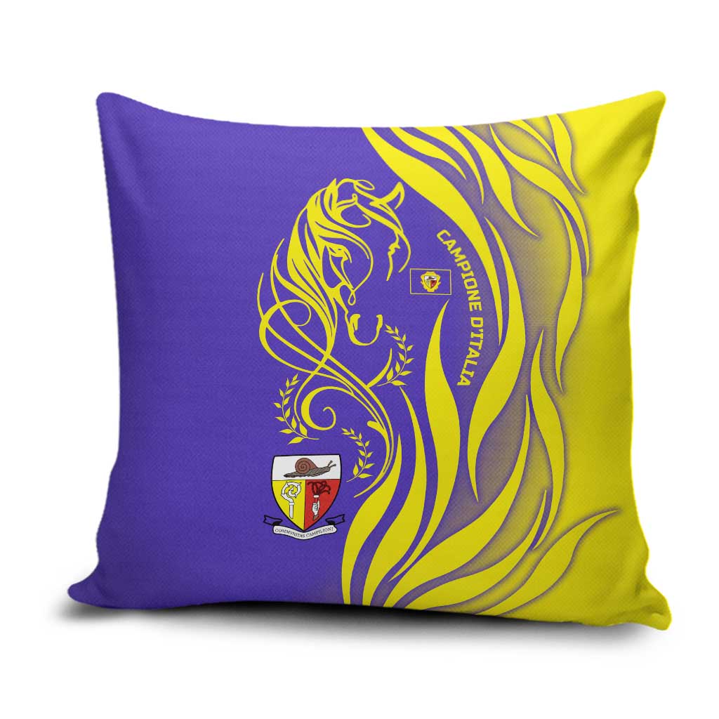 Campione d’Italia Pillow Cover with Yellow Horse Graphic and Purple Flame Crest - Wonder Print Shop