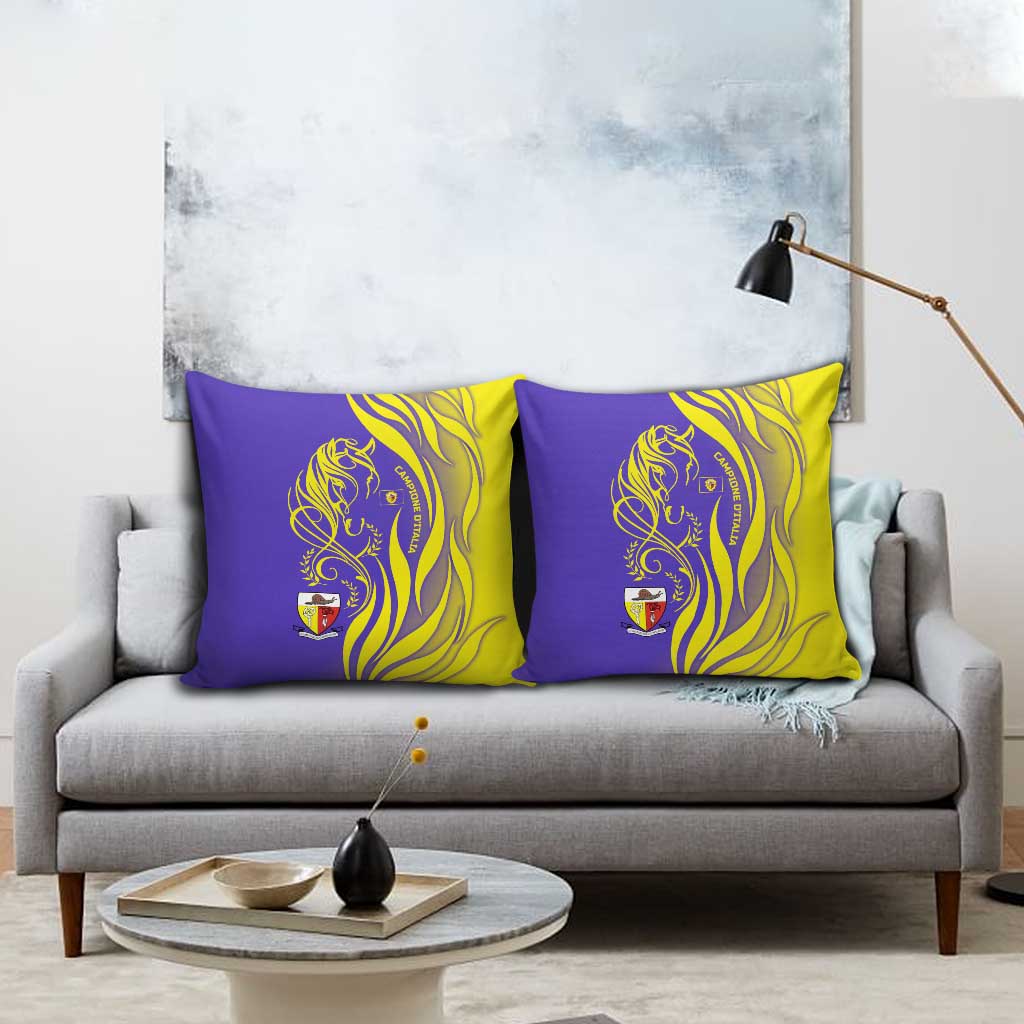 Campione d’Italia Pillow Cover with Yellow Horse Graphic and Purple Flame Crest - Wonder Print Shop