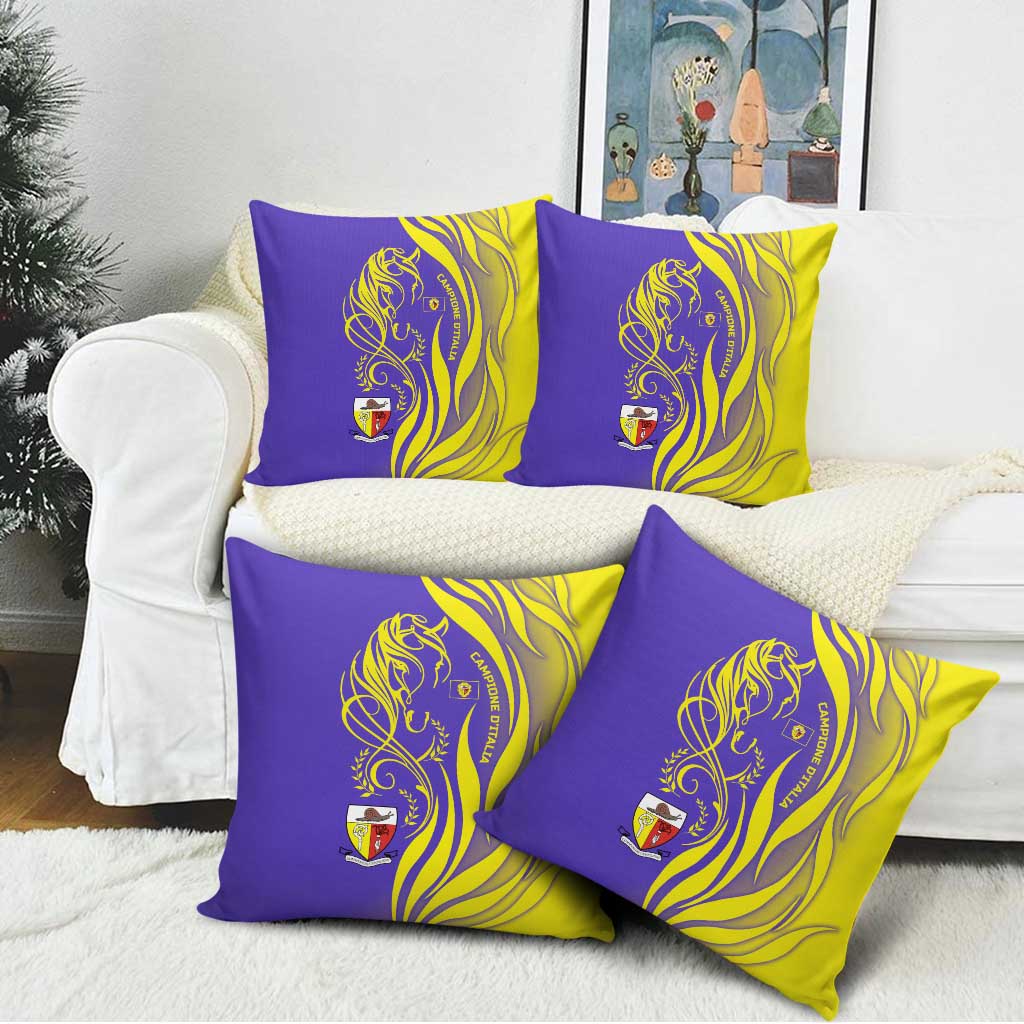 Campione d’Italia Pillow Cover with Yellow Horse Graphic and Purple Flame Crest - Wonder Print Shop