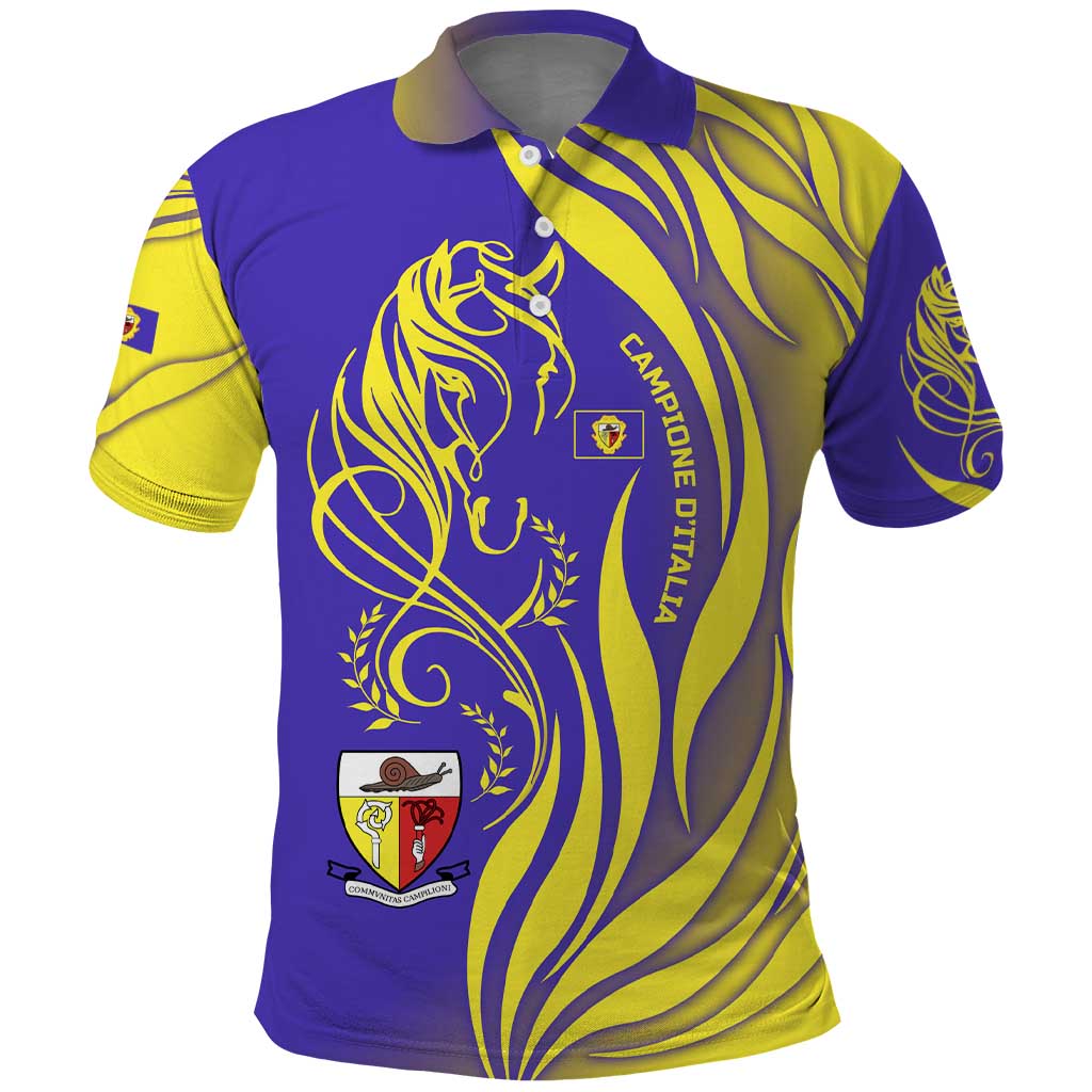 Campione d’Italia Polo Shirt with Yellow Horse Graphic and Purple Flame Crest - Wonder Print Shop