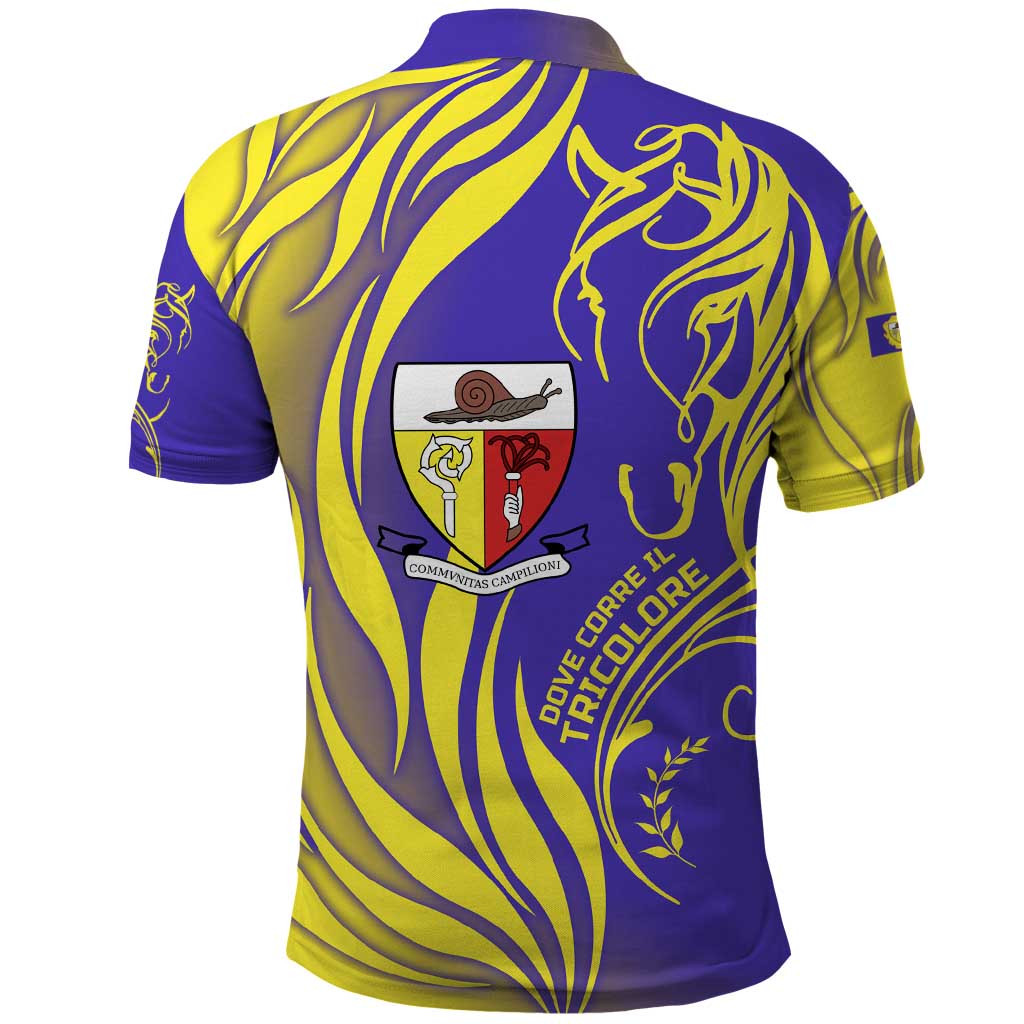 Campione d’Italia Polo Shirt with Yellow Horse Graphic and Purple Flame Crest - Wonder Print Shop
