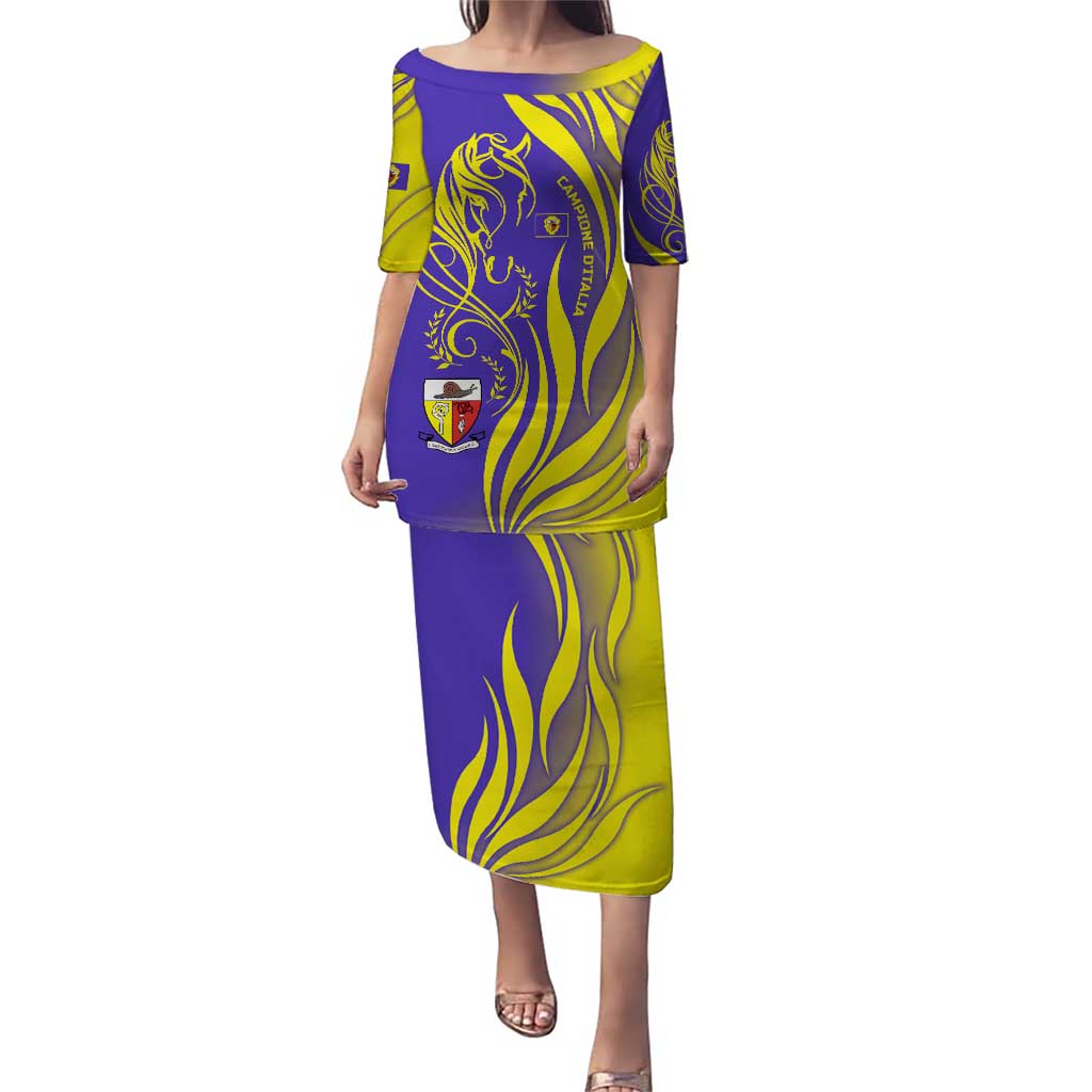 Campione d’Italia Puletasi with Yellow Horse Graphic and Purple Flame Crest - Wonder Print Shop
