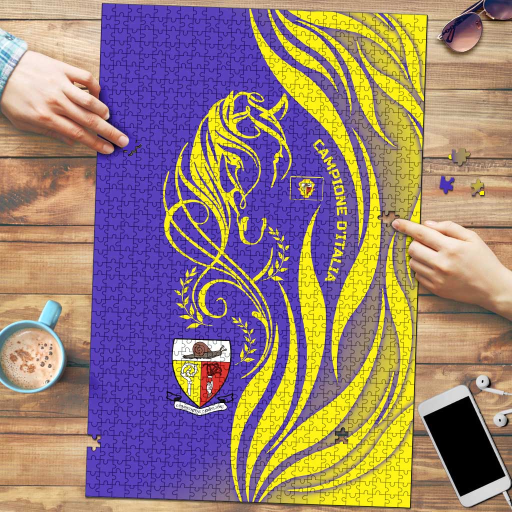 Campione d’Italia Puzzle with Yellow Horse Graphic and Purple Flame Crest - Wonder Print Shop