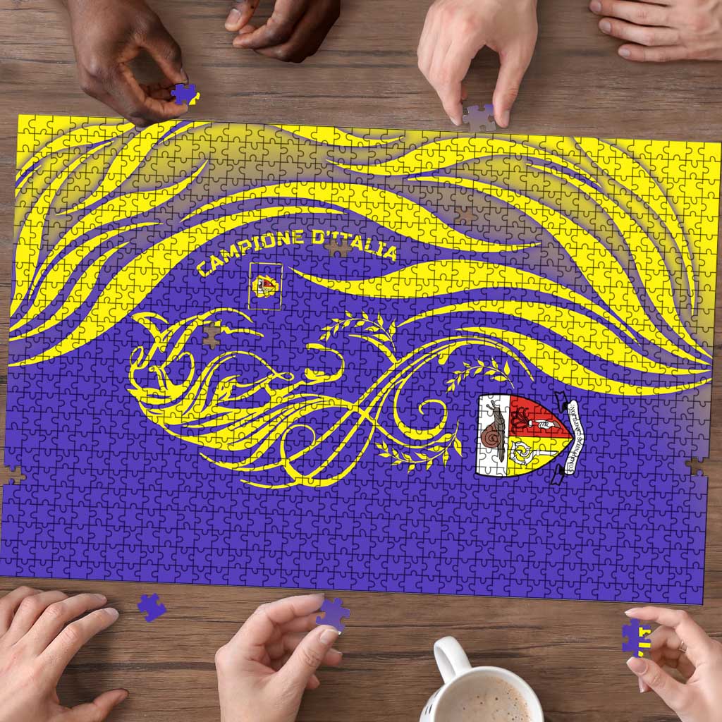 Campione d’Italia Puzzle with Yellow Horse Graphic and Purple Flame Crest - Wonder Print Shop