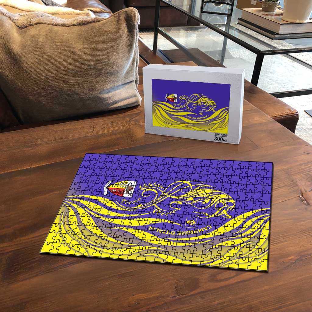 Campione d’Italia Puzzle with Yellow Horse Graphic and Purple Flame Crest - Wonder Print Shop