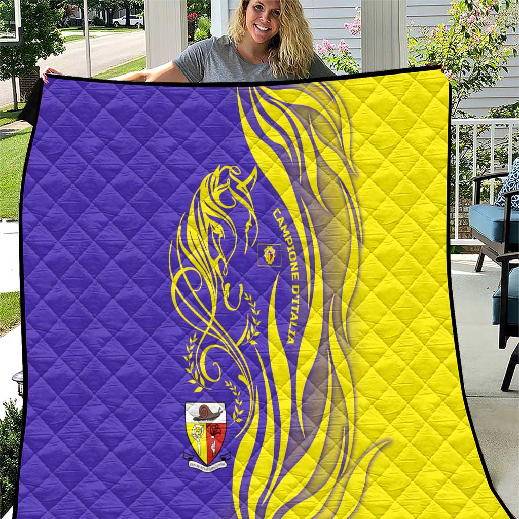 Campione d’Italia Quilt with Yellow Horse Graphic and Purple Flame Crest - Wonder Print Shop