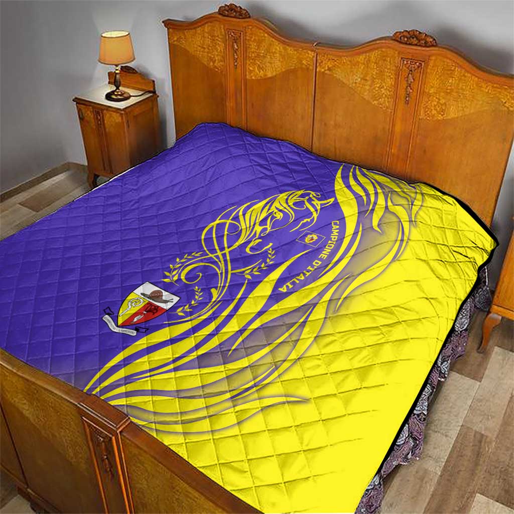 Campione d’Italia Quilt with Yellow Horse Graphic and Purple Flame Crest - Wonder Print Shop