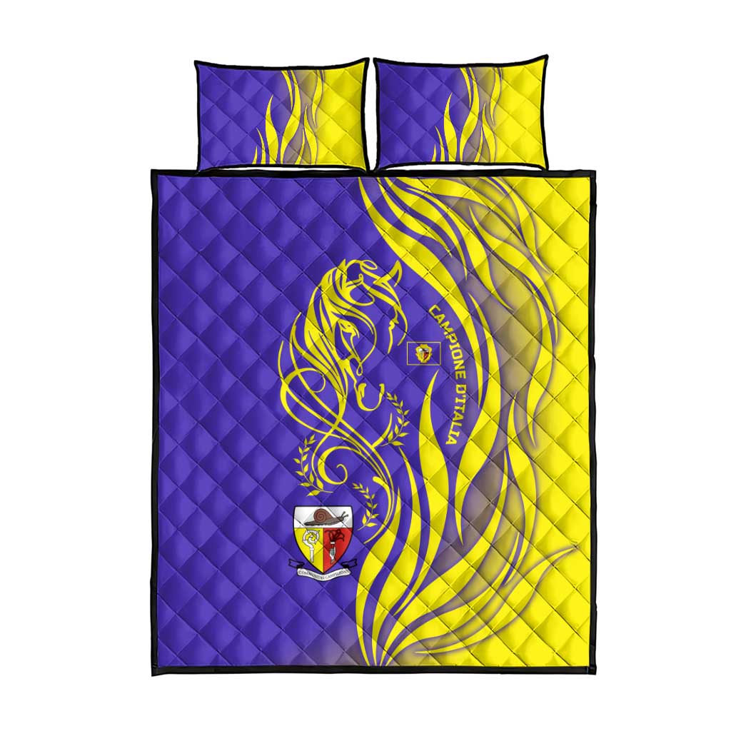 Campione d’Italia Quilt Bed Set with Yellow Horse Graphic and Purple Flame Crest - Wonder Print Shop