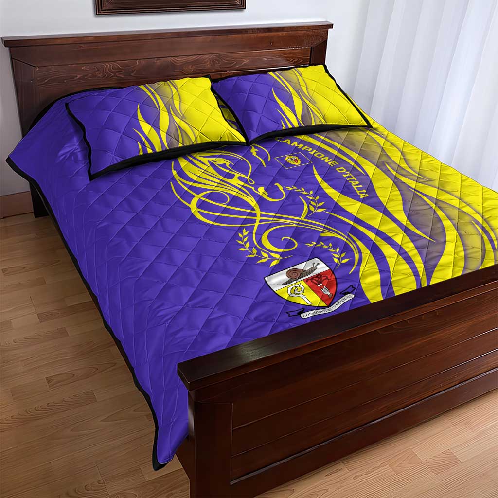 Campione d’Italia Quilt Bed Set with Yellow Horse Graphic and Purple Flame Crest - Wonder Print Shop