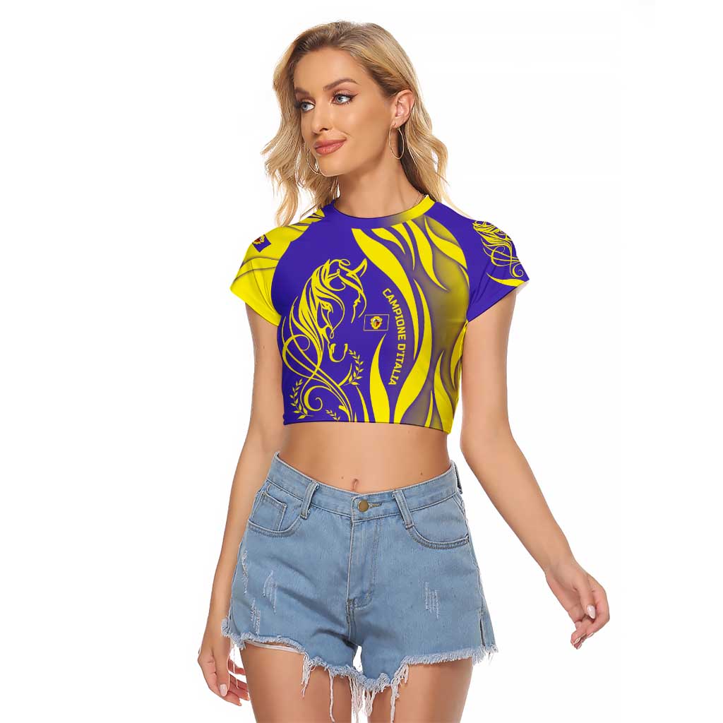 Campione d’Italia Raglan Cropped T Shirt with Yellow Horse Graphic and Purple Flame Crest - Wonder Print Shop