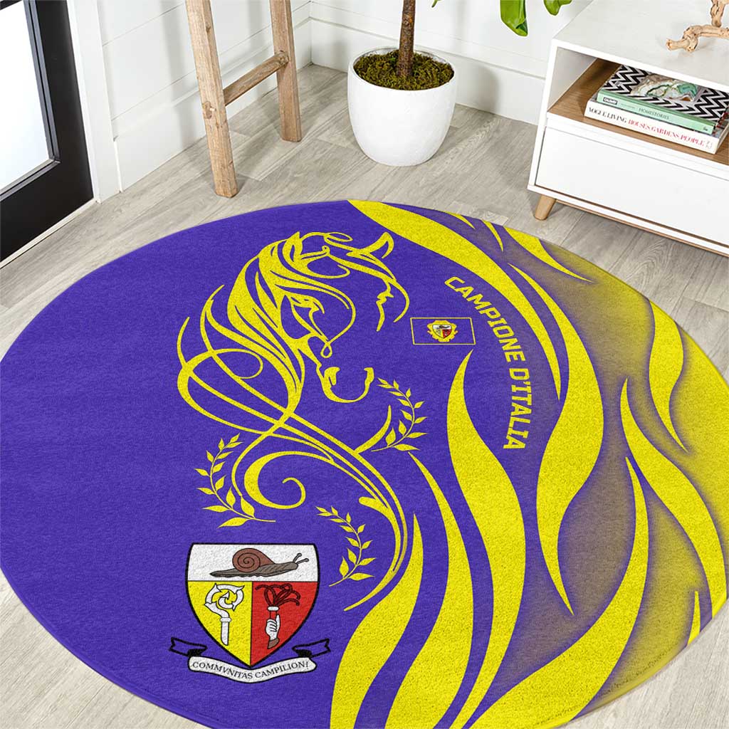 Campione d’Italia Round Carpet with Yellow Horse Graphic and Purple Flame Crest - Wonder Print Shop