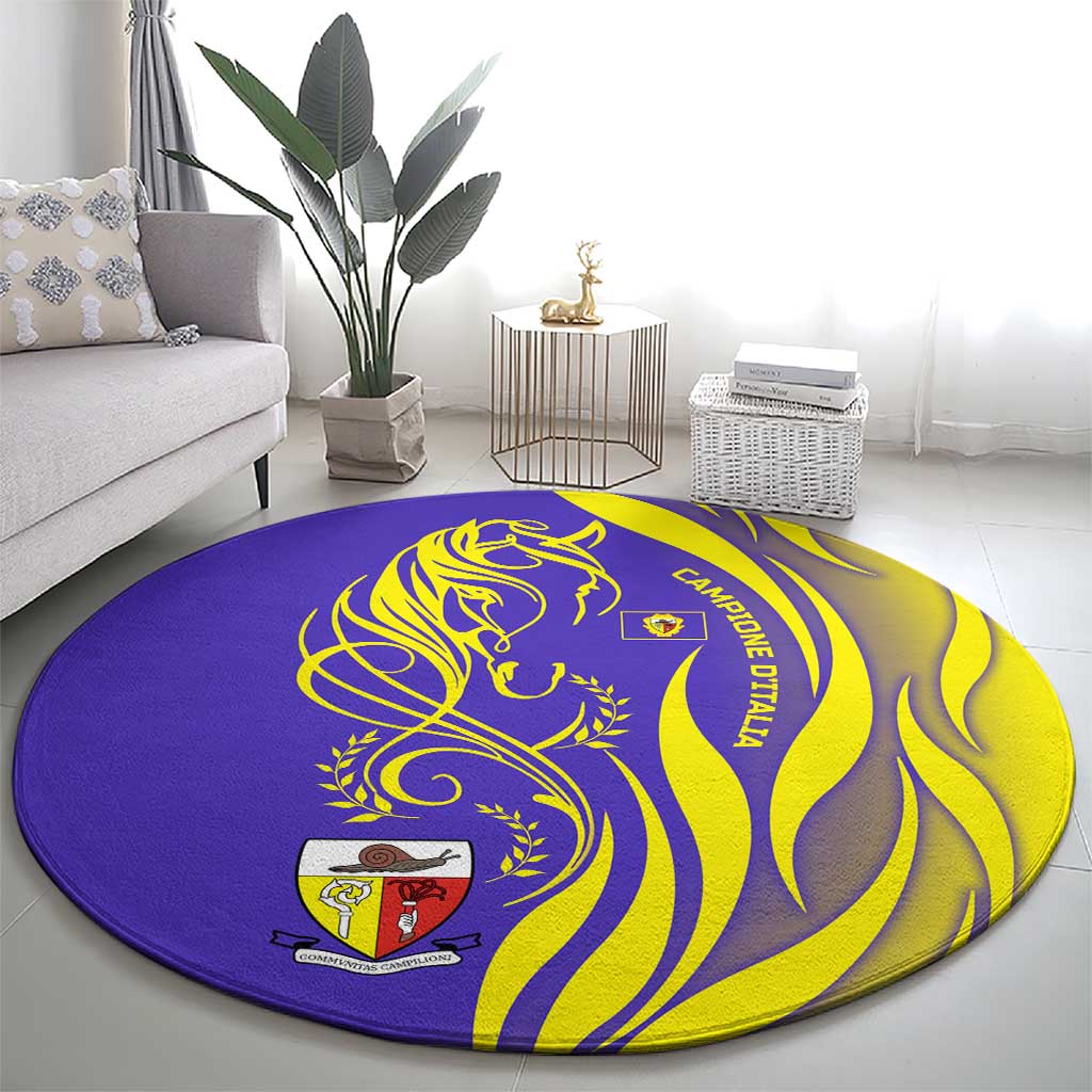 Campione d’Italia Round Carpet with Yellow Horse Graphic and Purple Flame Crest - Wonder Print Shop