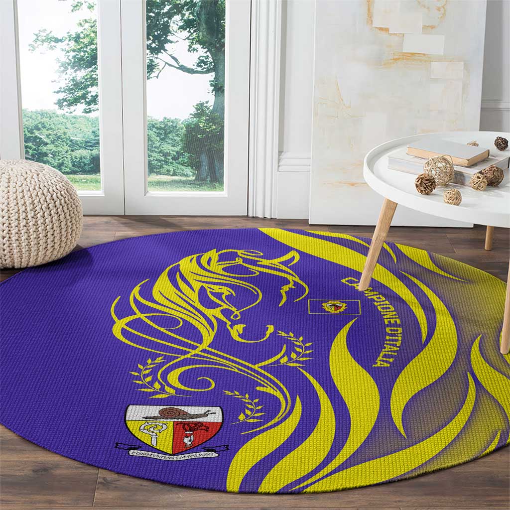 Campione d’Italia Round Carpet with Yellow Horse Graphic and Purple Flame Crest - Wonder Print Shop