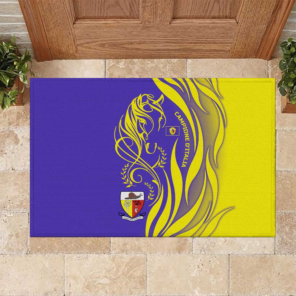 Campione d’Italia Rubber Doormat with Yellow Horse Graphic and Purple Flame Crest - Wonder Print Shop