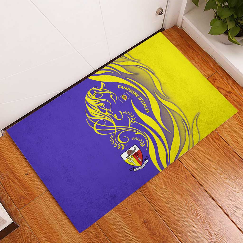Campione d’Italia Rubber Doormat with Yellow Horse Graphic and Purple Flame Crest - Wonder Print Shop