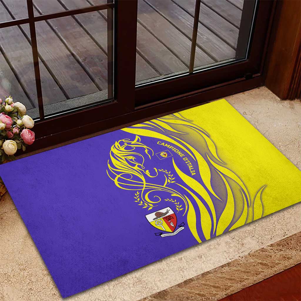 Campione d’Italia Rubber Doormat with Yellow Horse Graphic and Purple Flame Crest - Wonder Print Shop