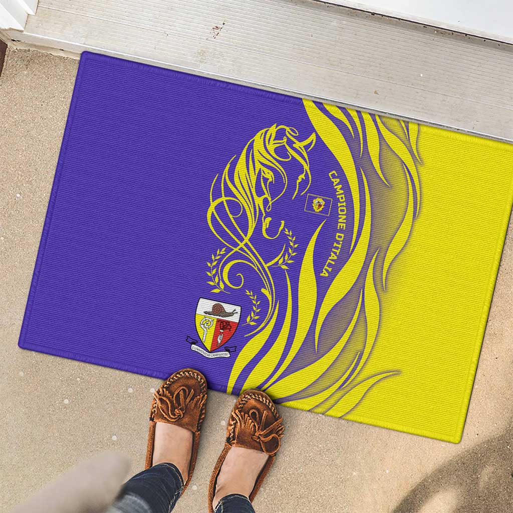 Campione d’Italia Rubber Doormat with Yellow Horse Graphic and Purple Flame Crest - Wonder Print Shop