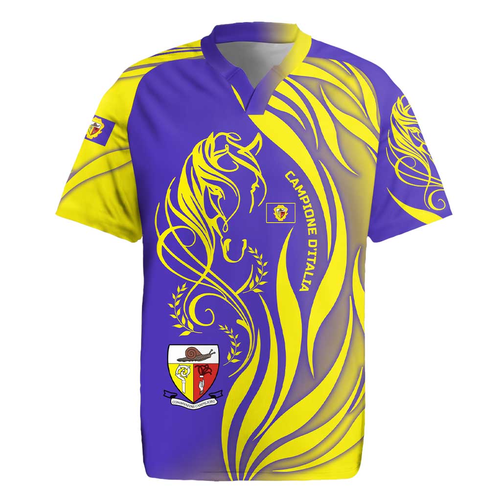 Campione d’Italia Rugby Jersey with Yellow Horse Graphic and Purple Flame Crest - Wonder Print Shop