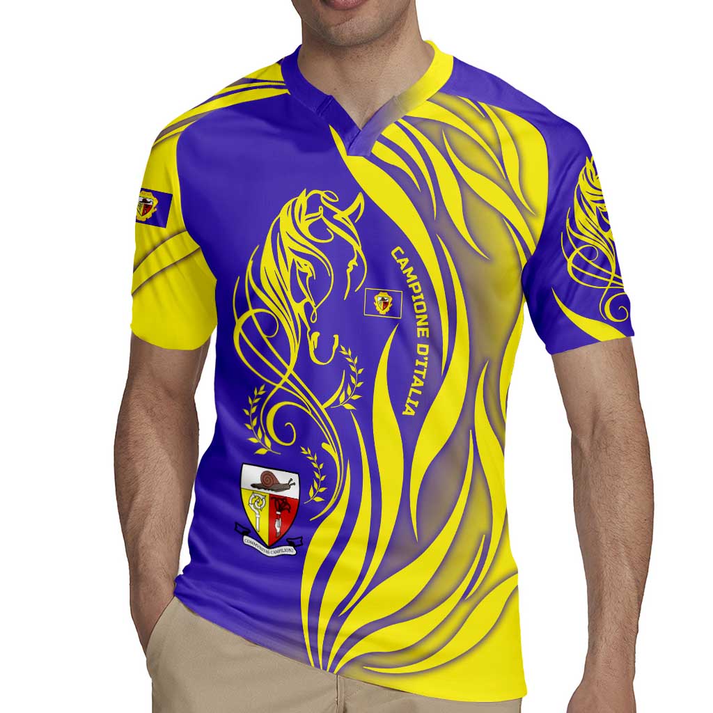 Campione d’Italia Rugby Jersey with Yellow Horse Graphic and Purple Flame Crest - Wonder Print Shop