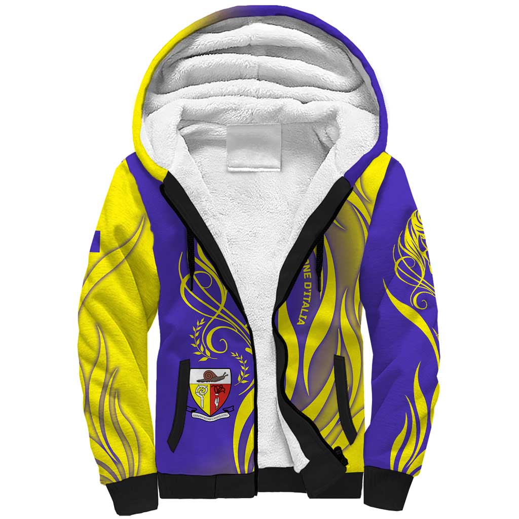 Campione d’Italia Sherpa Hoodie with Yellow Horse Graphic and Purple Flame Crest - Wonder Print Shop