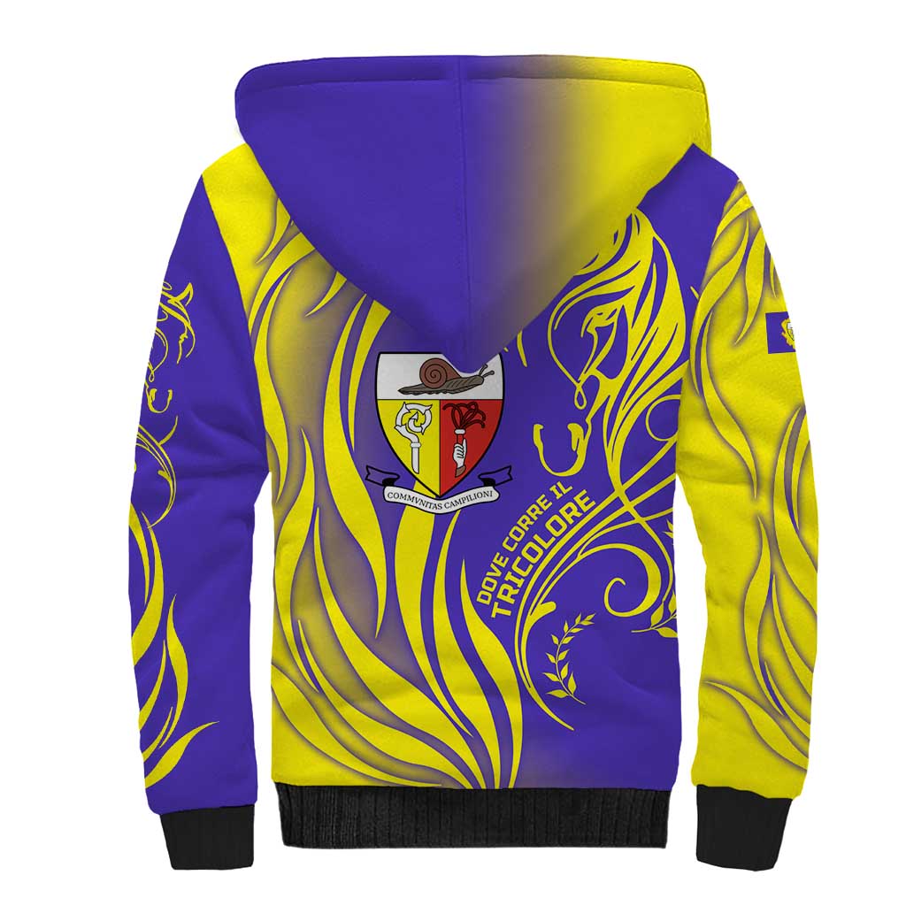 Campione d’Italia Sherpa Hoodie with Yellow Horse Graphic and Purple Flame Crest - Wonder Print Shop