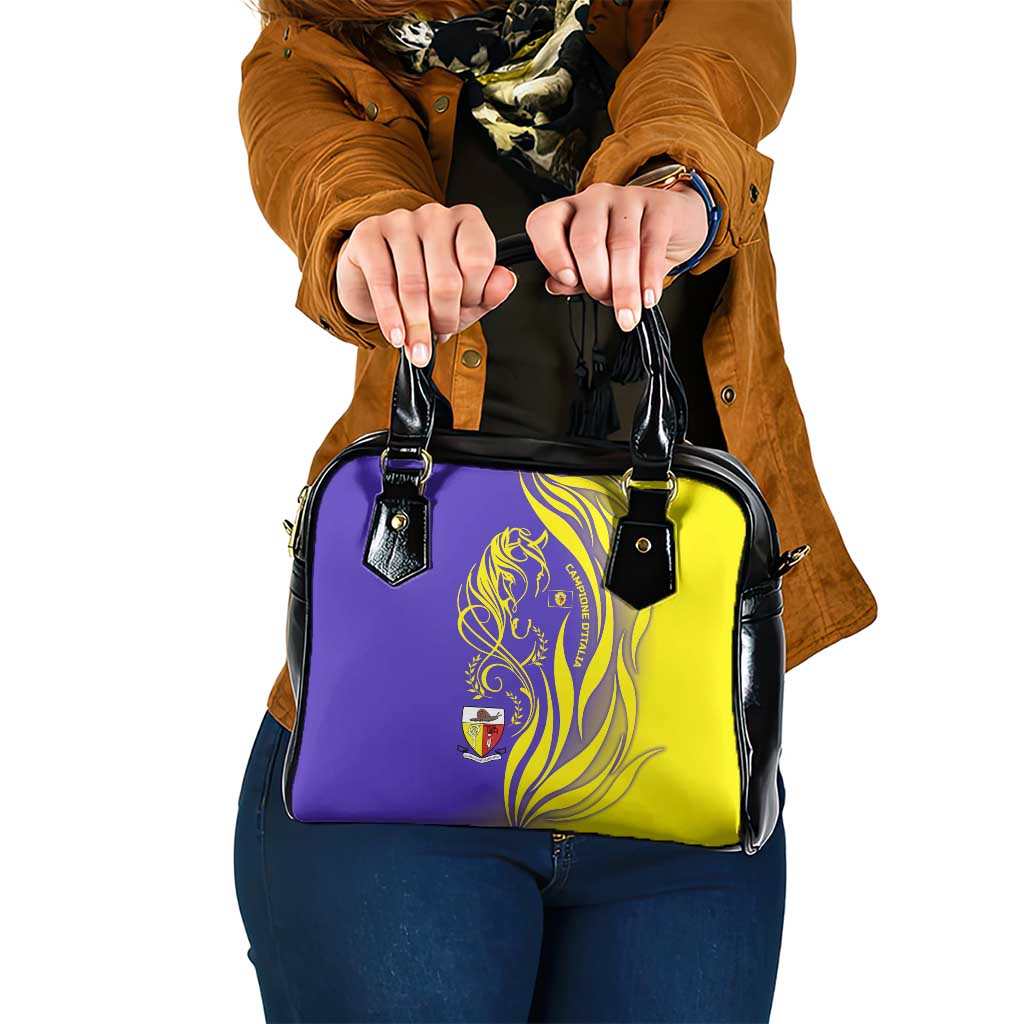 Campione d’Italia Shoulder Handbag with Yellow Horse Graphic and Purple Flame Crest - Wonder Print Shop