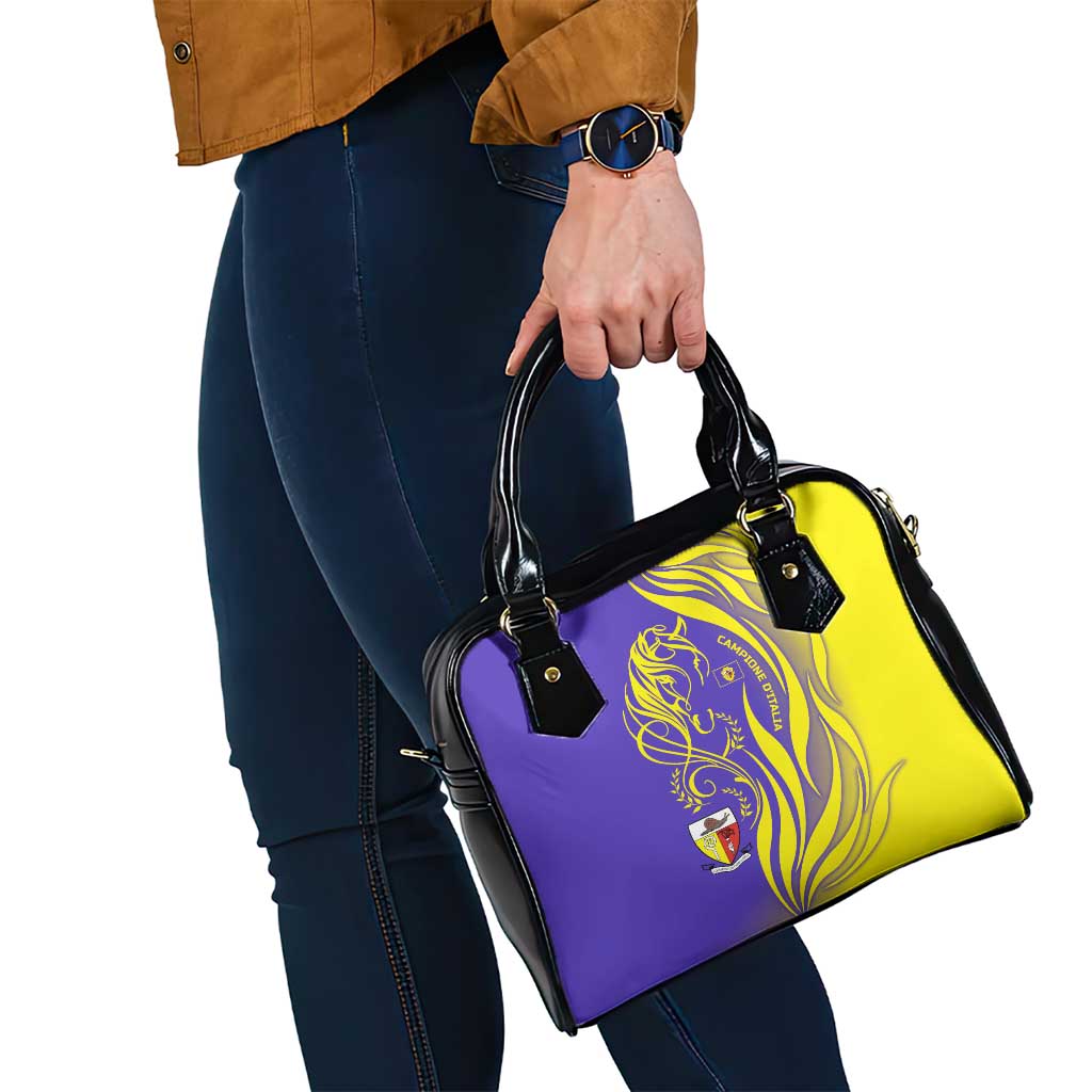 Campione d’Italia Shoulder Handbag with Yellow Horse Graphic and Purple Flame Crest - Wonder Print Shop