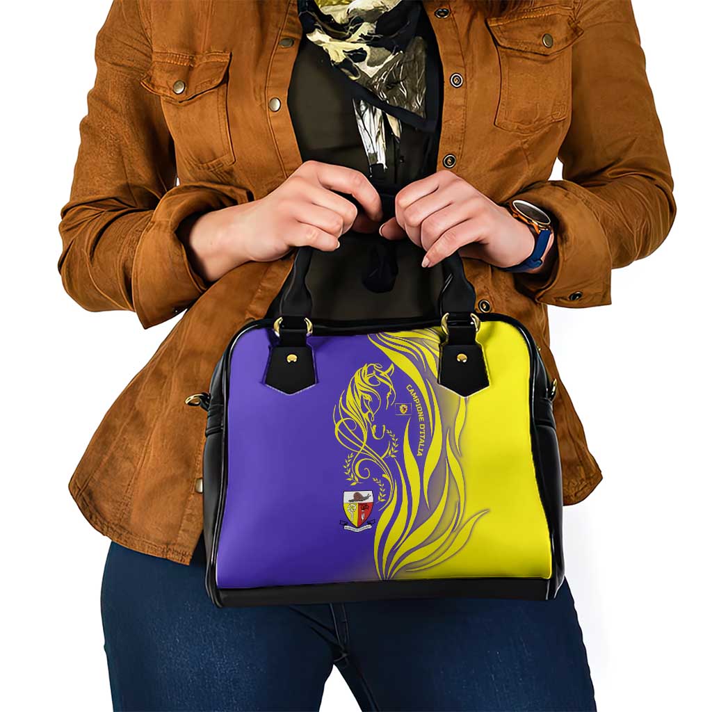 Campione d’Italia Shoulder Handbag with Yellow Horse Graphic and Purple Flame Crest - Wonder Print Shop