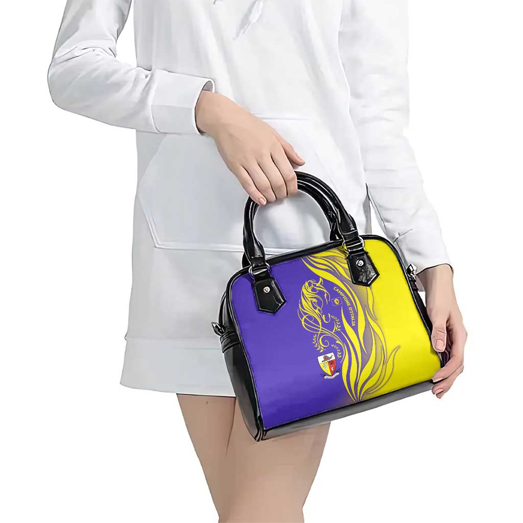 Campione d’Italia Shoulder Handbag with Yellow Horse Graphic and Purple Flame Crest - Wonder Print Shop