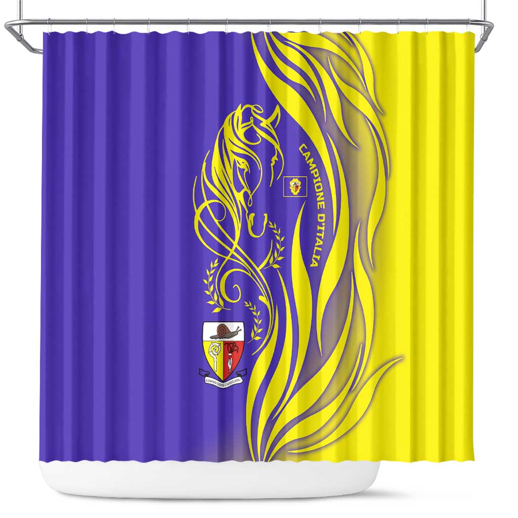 Campione d’Italia Shower Curtain with Yellow Horse Graphic and Purple Flame Crest - Wonder Print Shop