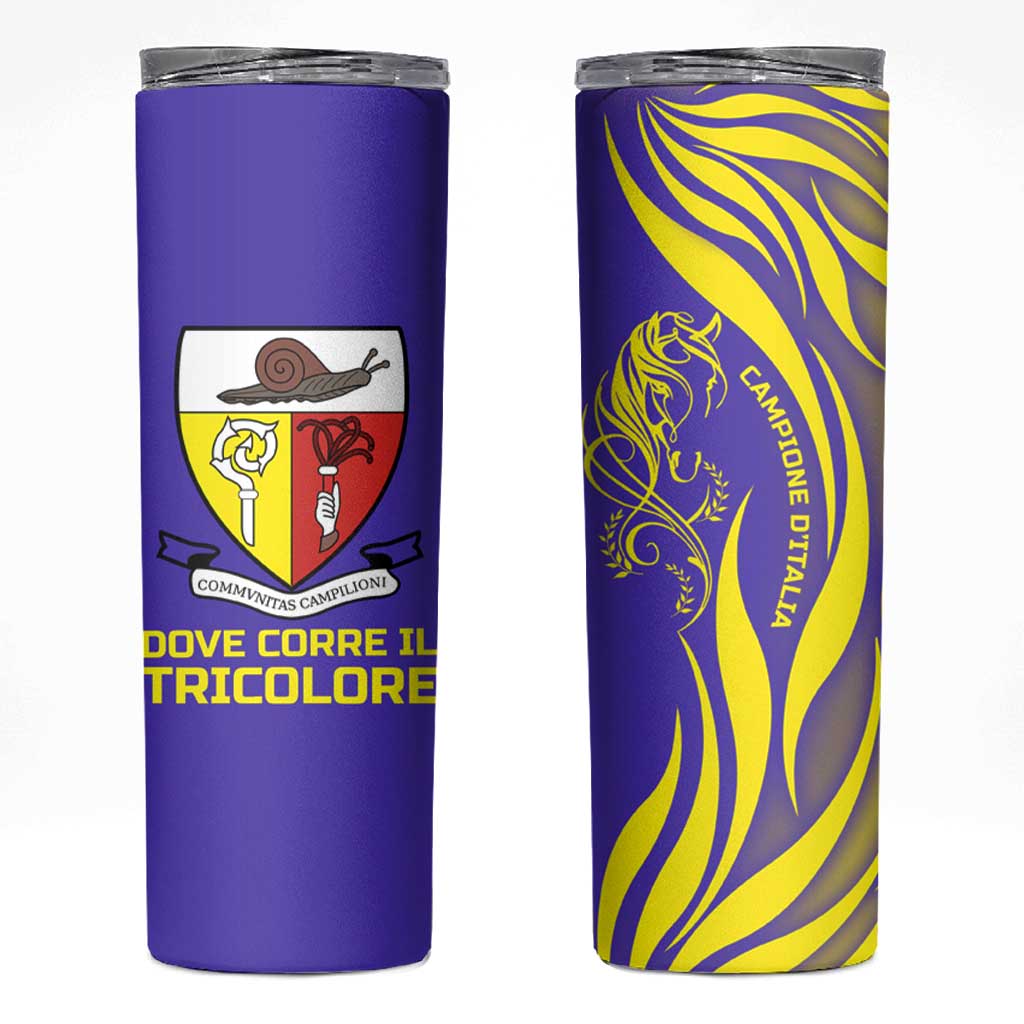 Campione d’Italia Skinny Tumbler with Yellow Horse Graphic and Purple Flame Crest - Wonder Print Shop