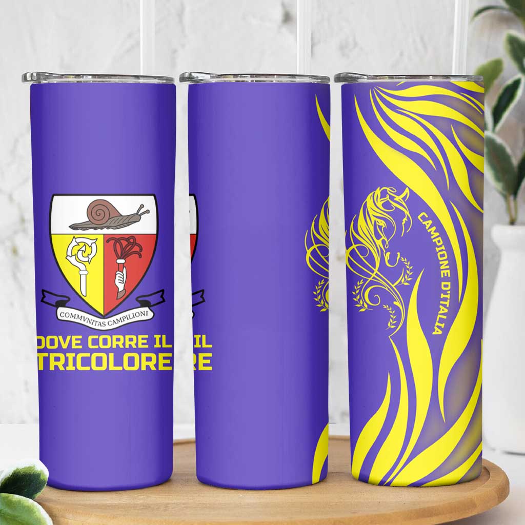 Campione d’Italia Skinny Tumbler with Yellow Horse Graphic and Purple Flame Crest - Wonder Print Shop