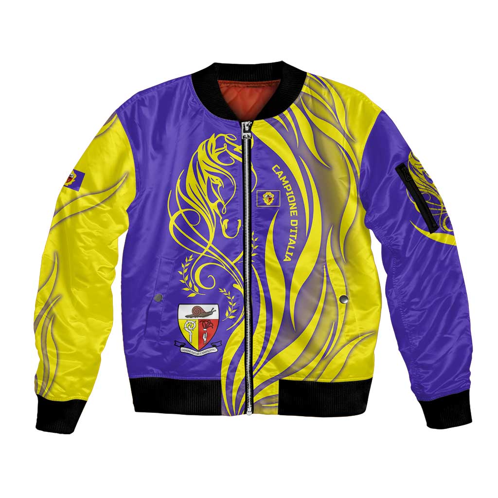 Campione d’Italia Sleeve Zip Bomber Jacket with Yellow Horse Graphic and Purple Flame Crest - Wonder Print Shop