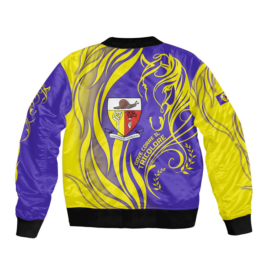Campione d’Italia Sleeve Zip Bomber Jacket with Yellow Horse Graphic and Purple Flame Crest - Wonder Print Shop