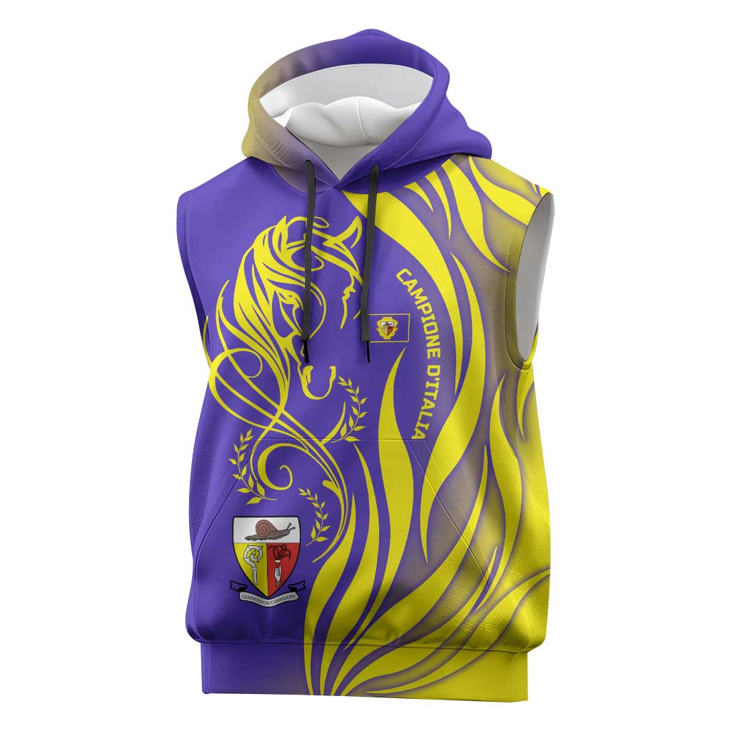 Campione d’Italia Sleeveless Hoodie with Yellow Horse Graphic and Purple Flame Crest - Wonder Print Shop
