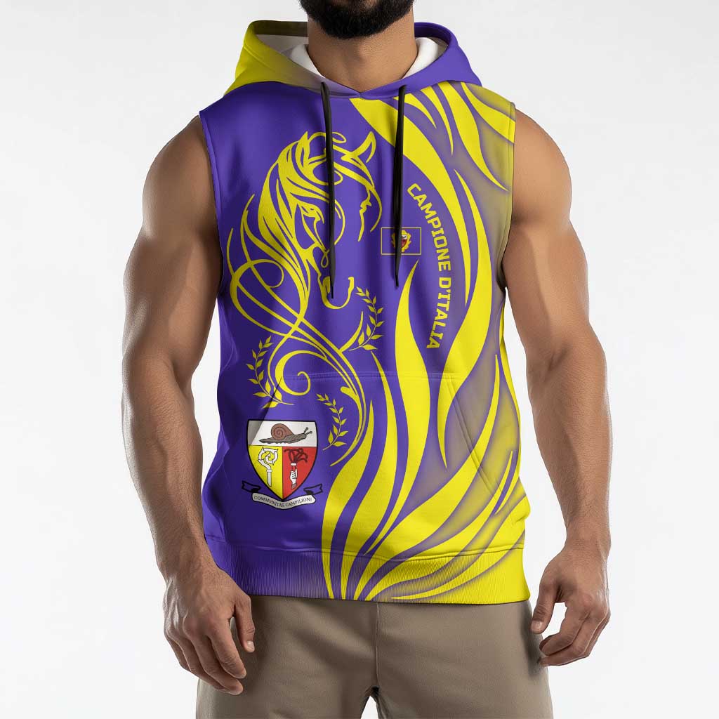 Campione d’Italia Sleeveless Hoodie with Yellow Horse Graphic and Purple Flame Crest - Wonder Print Shop