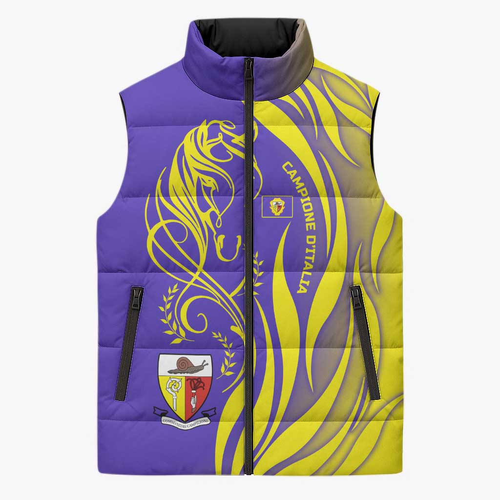 Campione d’Italia Sleeveless Puffer Jacket with Yellow Horse Graphic and Purple Flame Crest - Wonder Print Shop