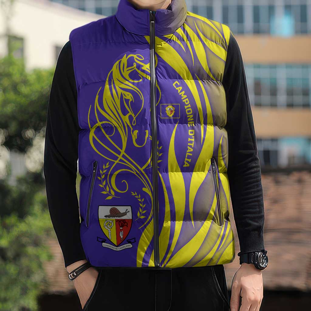 Campione d’Italia Sleeveless Puffer Jacket with Yellow Horse Graphic and Purple Flame Crest - Wonder Print Shop