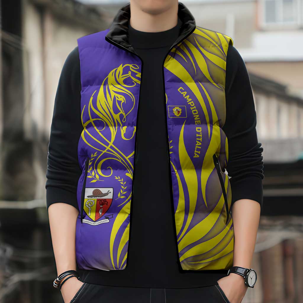 Campione d’Italia Sleeveless Puffer Jacket with Yellow Horse Graphic and Purple Flame Crest - Wonder Print Shop